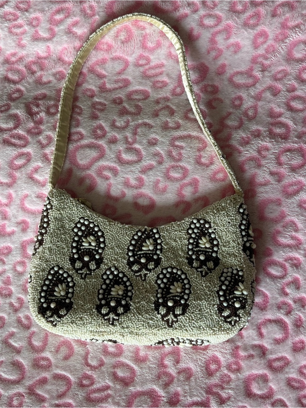 Beaded Vera Bradley Ivory Shoulder Bag with Brown Embellished Motifs